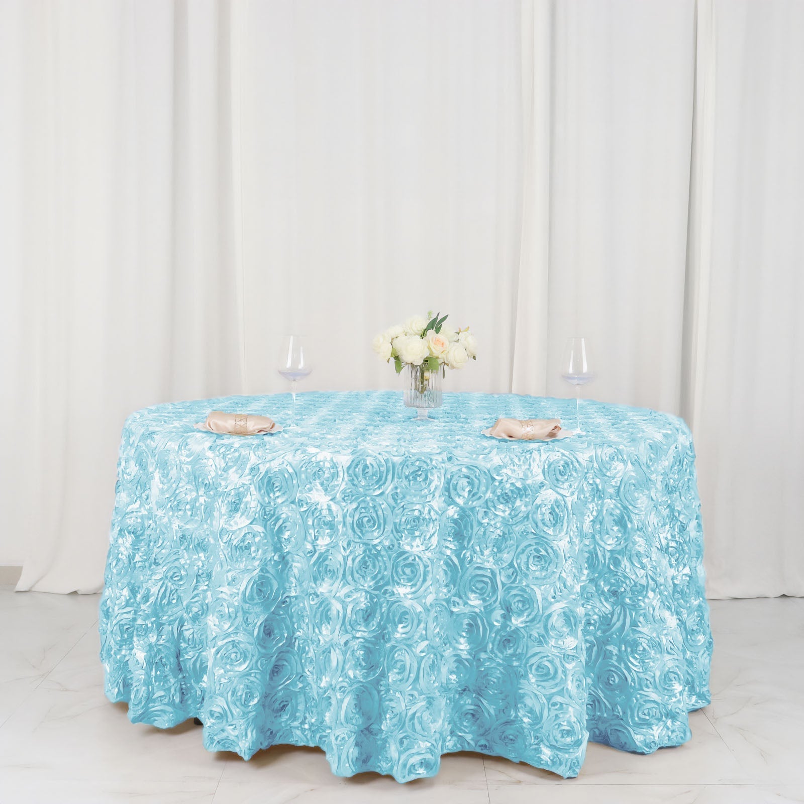 Satin 120" Round Tablecloth Light Blue - Grandiose 3D Rosette with Seamless Finish Table Cover