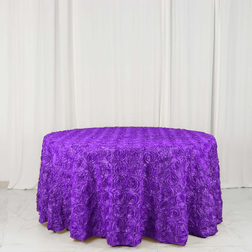 Satin 120" Round Tablecloth Purple - Grandiose 3D Rosette with Seamless Finish Table Cover