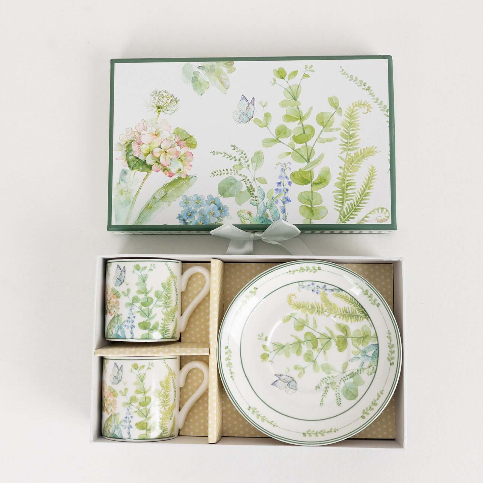 Greenery Theme Bridal Shower Gift Set, Set of 2 Porcelain Espresso Cups and Saucers with Matching Keepsake Box - Bell Racket Store