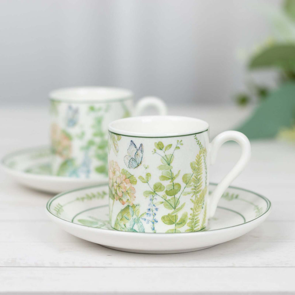 Greenery Theme Bridal Shower Gift Set, Set of 2 Porcelain Espresso Cups and Saucers with Matching Keepsake Box - Bell Racket Store