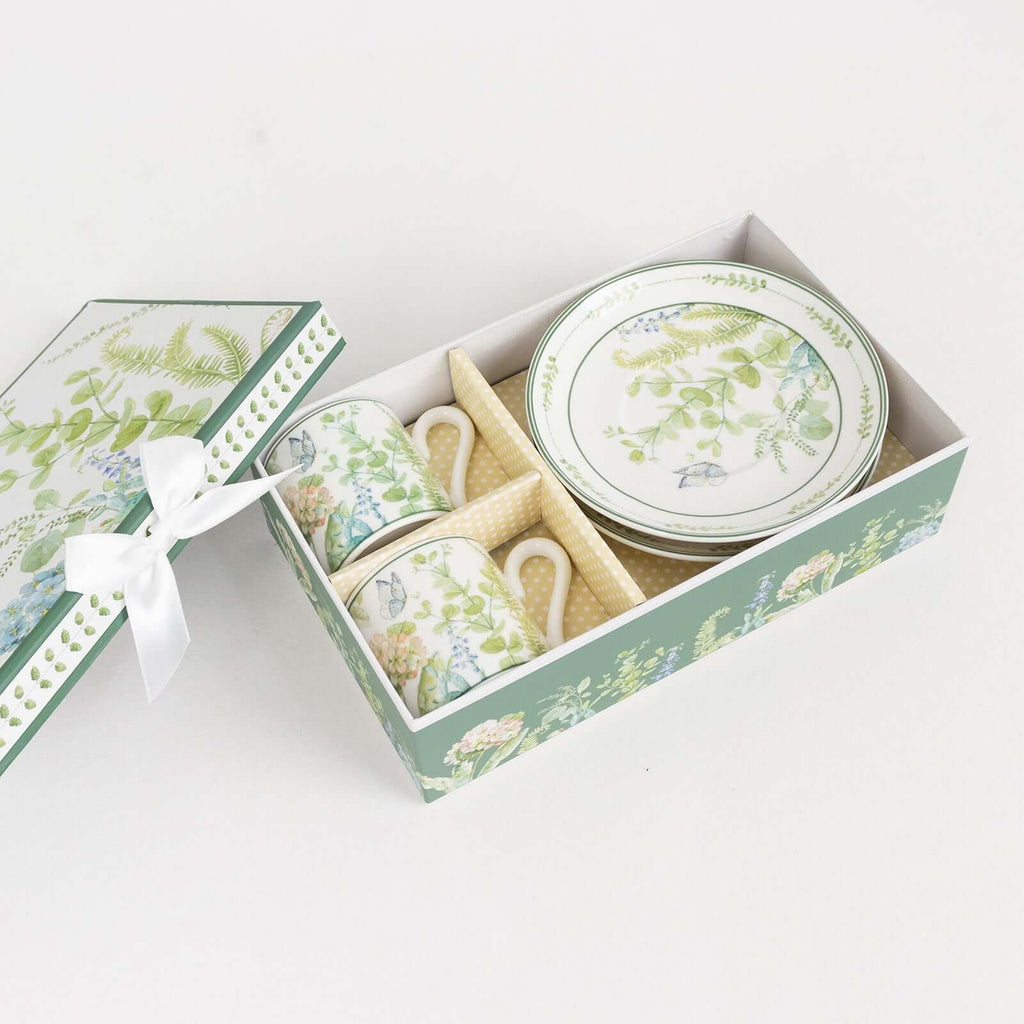 Greenery Theme Bridal Shower Gift Set, Set of 2 Porcelain Espresso Cups and Saucers with Matching Keepsake Box - Bell Racket Store