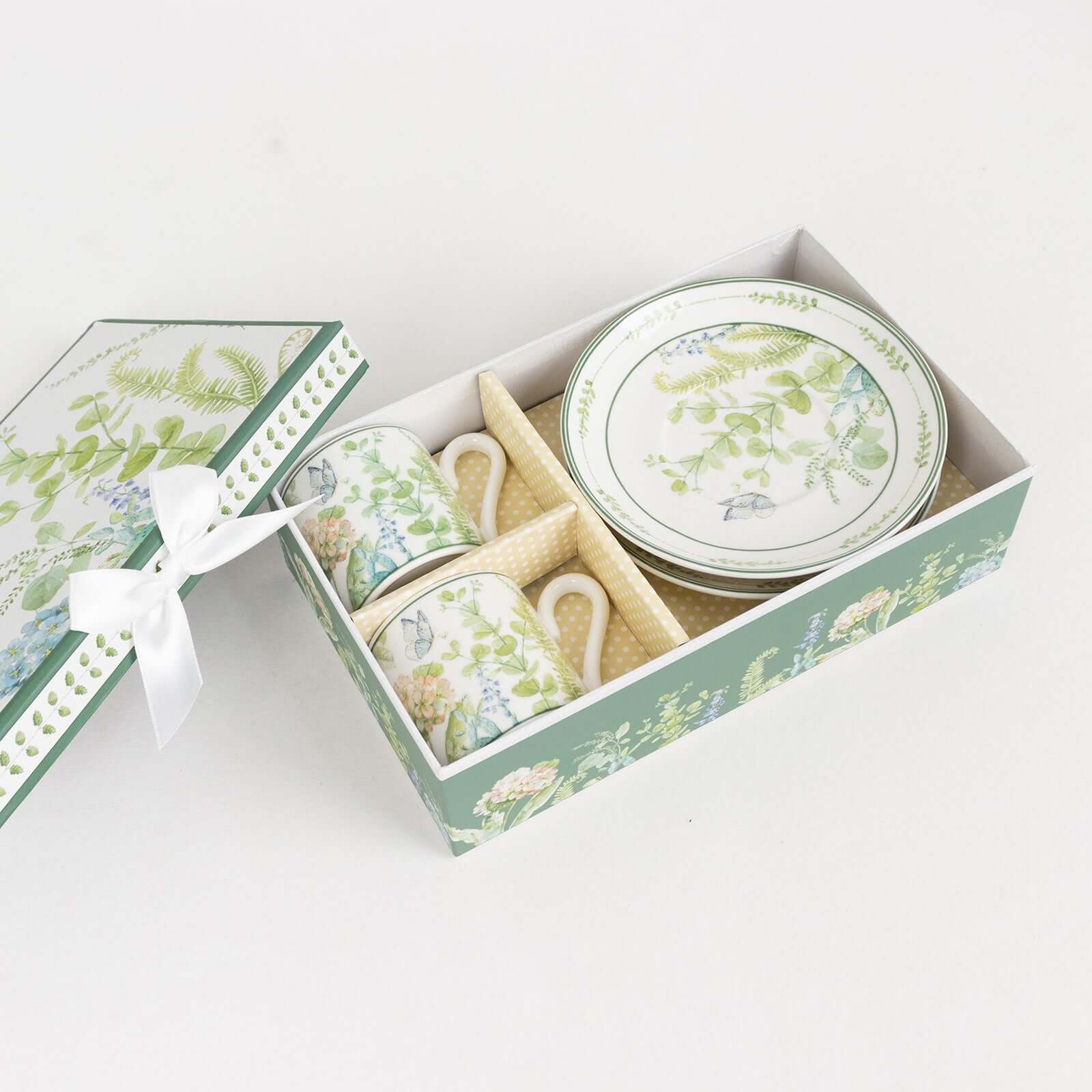 Greenery Theme Bridal Shower Gift Set, Set of 2 Porcelain Espresso Cups and Saucers with Matching Keepsake Box - Bell Racket Store