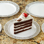 10-Pack Dessert Plates Lace Rim Design White with Silver - Plastic Disposable Appetizer Plates for Events 6"