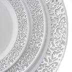 10-Pack Plastic Dinner Plates White with Fancy Silver Lace Rim - Stylish Disposable Plates for Events 10"