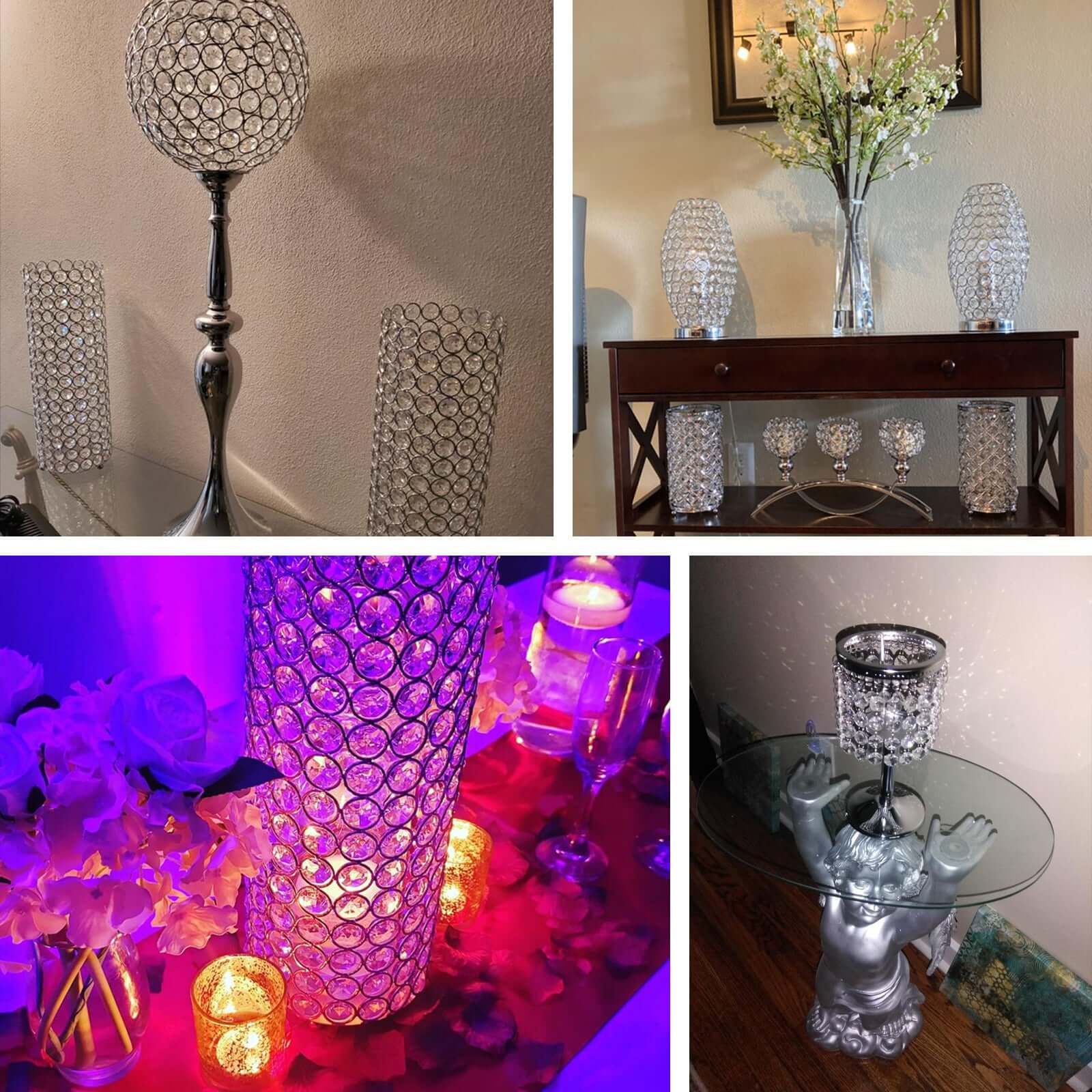 Crystal Beaded Chandelier Metal Candle Holder Silver - Stylish Tealight Stand for Decor 8"