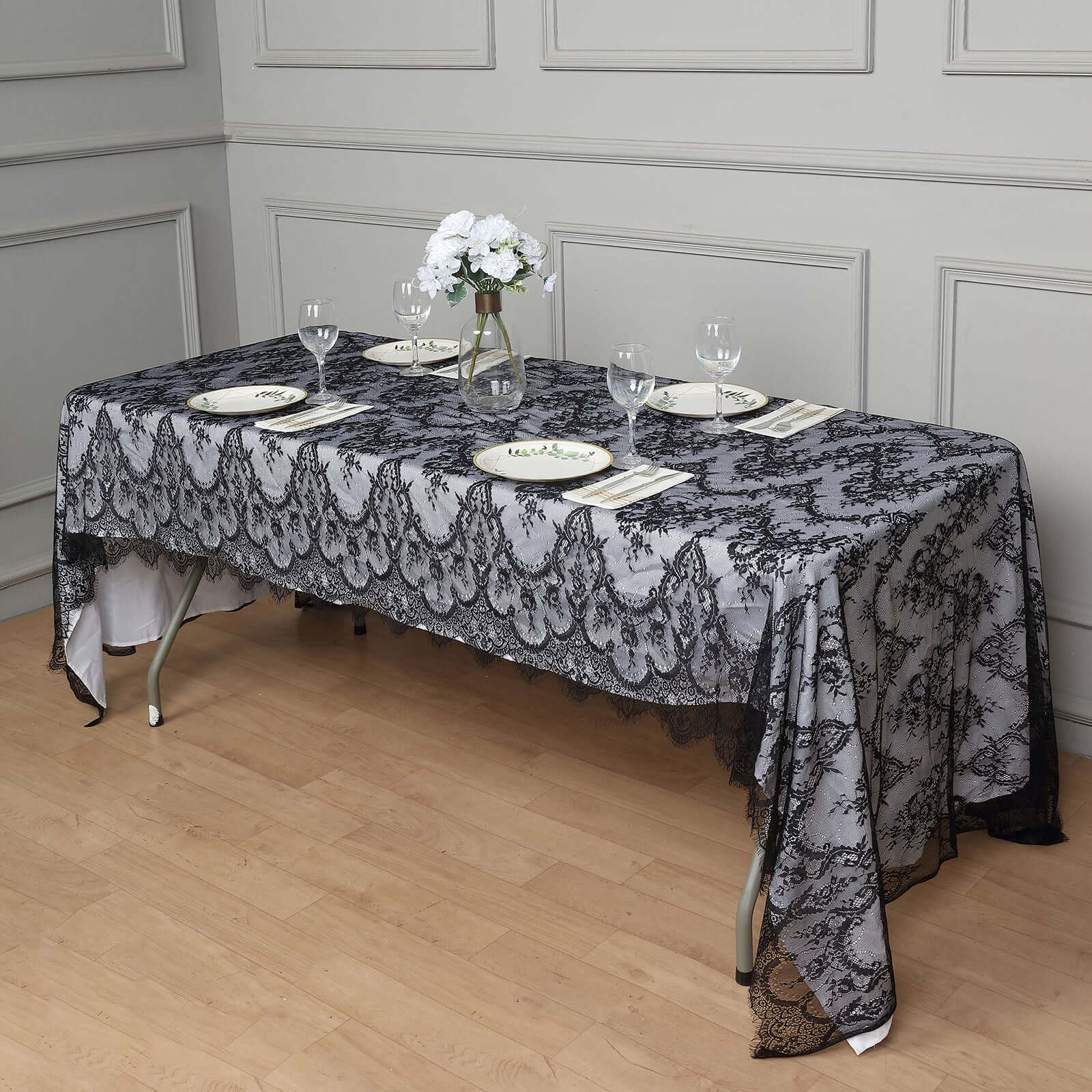 Lace 60"x120" Rectangle Tablecloth Black - Vintage Lace Design with Scalloped Frill Edges - Bell Racket Store