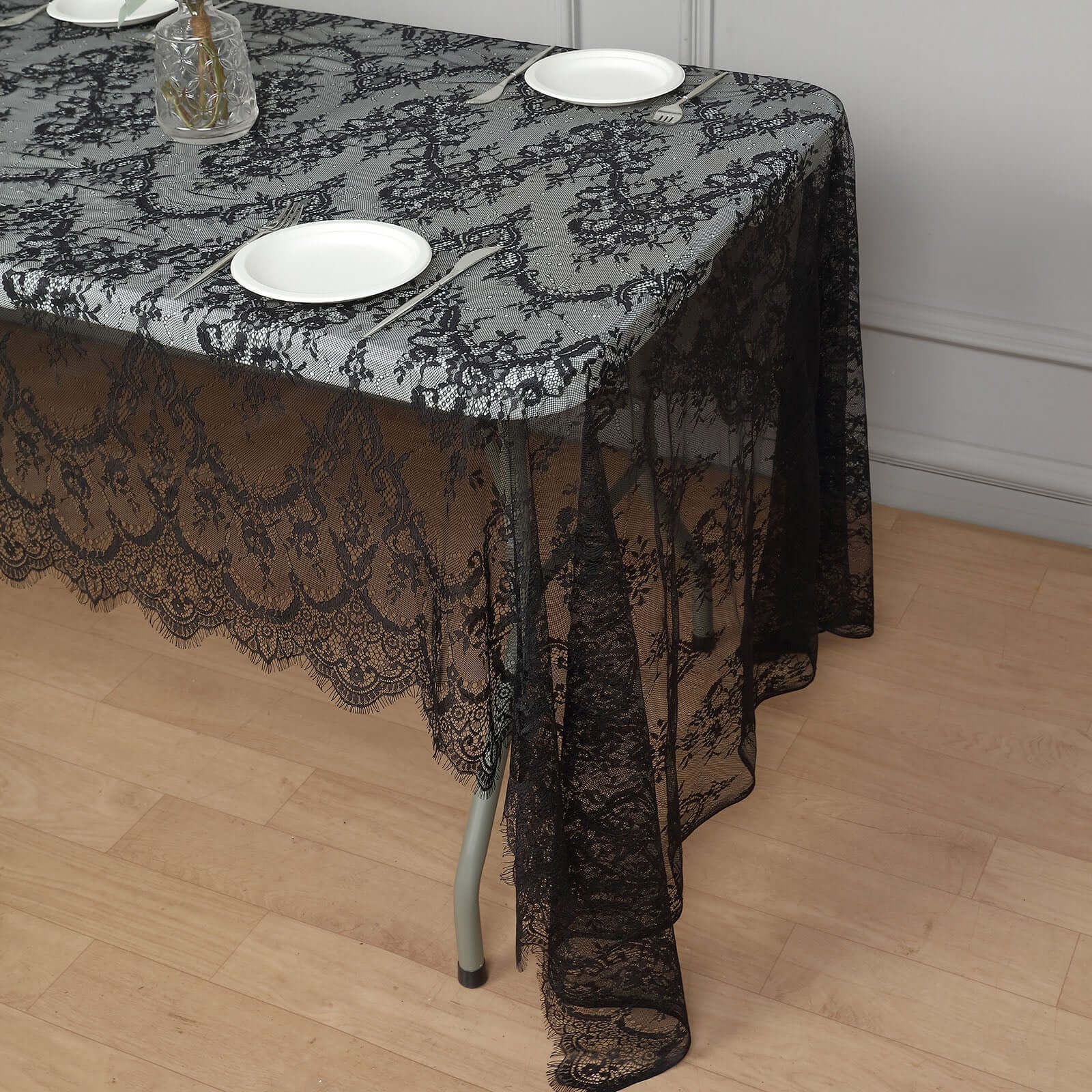 Lace 60"x120" Rectangle Tablecloth Black - Vintage Lace Design with Scalloped Frill Edges - Bell Racket Store