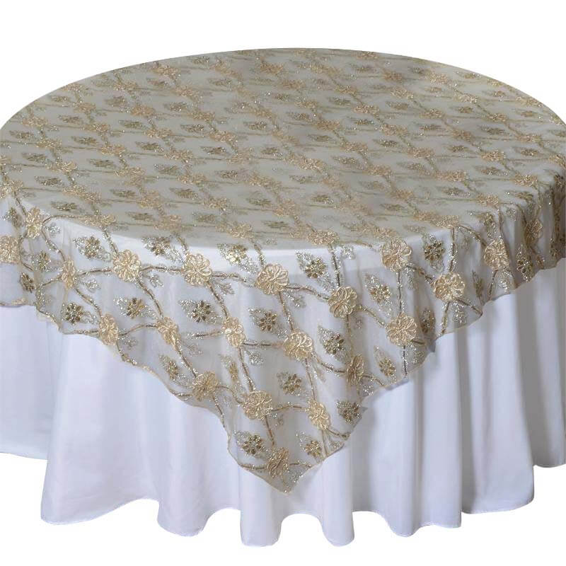 Lace 72"x72" Table Overlay Square Tablecloth Champagne - Satin Sequin Floral Embroidered Design for Special Events