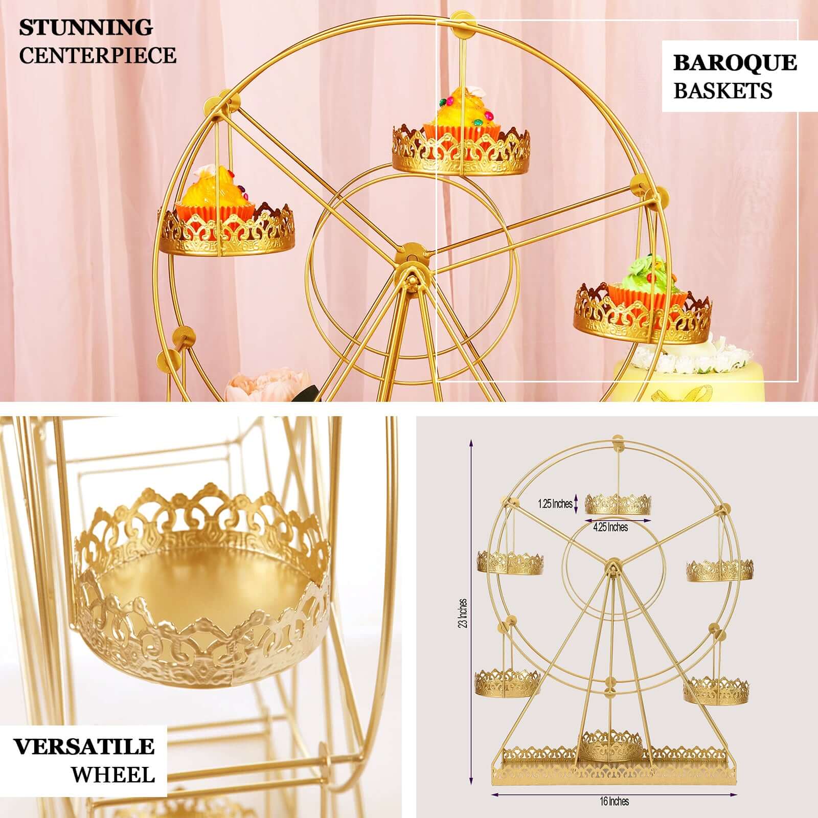 Metal Ferris Wheel Cupcake Holder Gold - Large Decorative Rotating Dessert Display Stand for Carnival-Themed Events Baby Showers & Weddings 23"