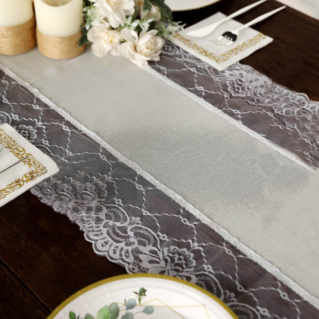 Faux Burlap Jute 16"x108" Table Runner Ivory With White Lace Edging - Rustic Farmhouse Table Linen