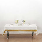 Linen - Like Paper 50"x108" Rectangle Tablecloth White - Disposable Airlaid Table Cover with Gold Striped Border - Bell Racket Store