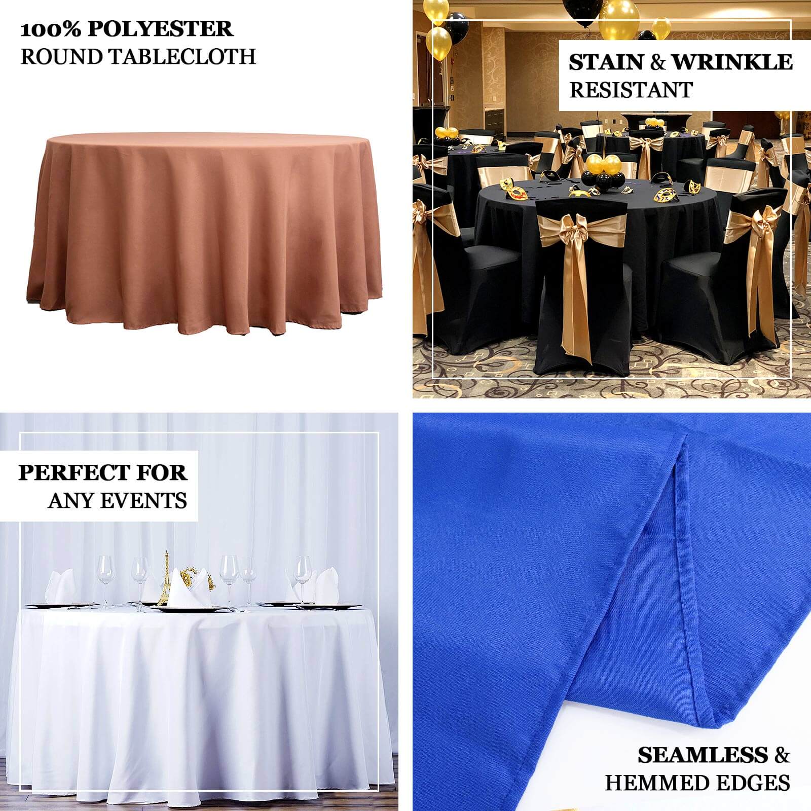 Premium Polyester 132" Round Tablecloth Royal Blue - Seamless 220GSM Wrinkle-Resistant Table Cover