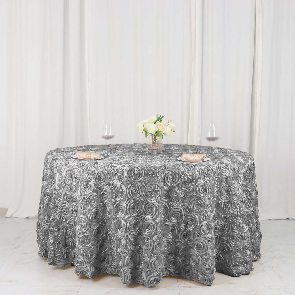 Satin 120" Round Tablecloth Silver - Grandiose 3D Rosette Design with Seamless Finish for Luxe Events