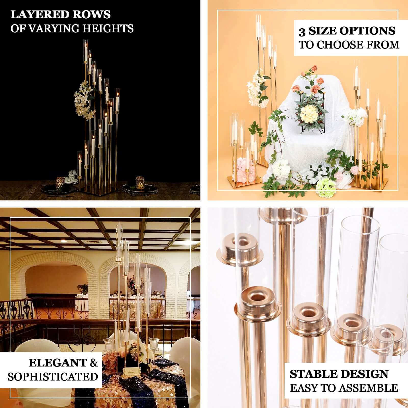 8 Arm Cluster Taper Candle Holder Gold - Stunning Large Candle Arrangement With Clear Glass Shades for Grand Banquets & Celebrations 42"