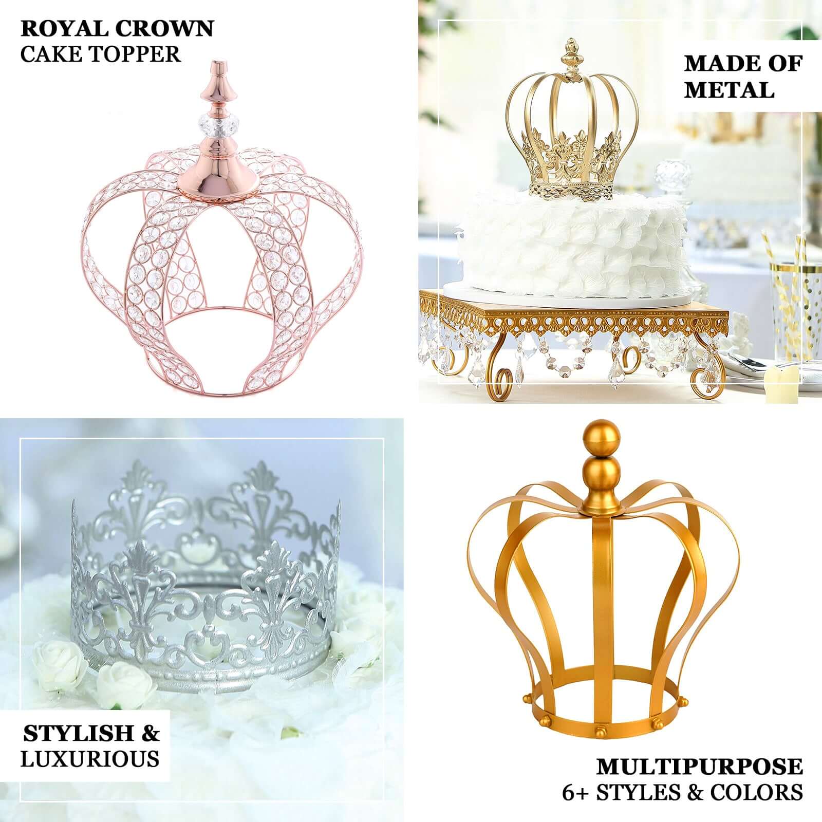 Crystal-Bead Royal Crown Cake Topper Metallic Gold - Dazzling Cake Centerpiece Decor for Luxurious Birthdays Receptions & Romantic Celebrations 14"