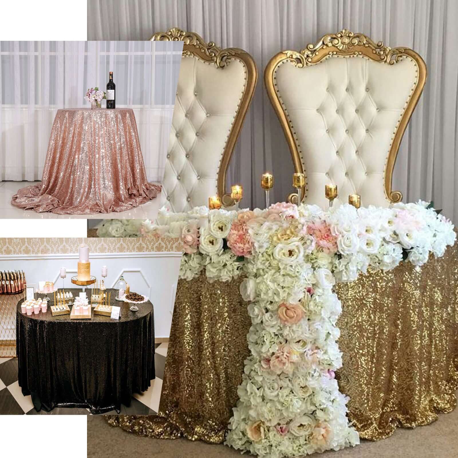 Sequin 120" Round Tablecloth Gold - Seamless Glittering Design for Sophisticated Events