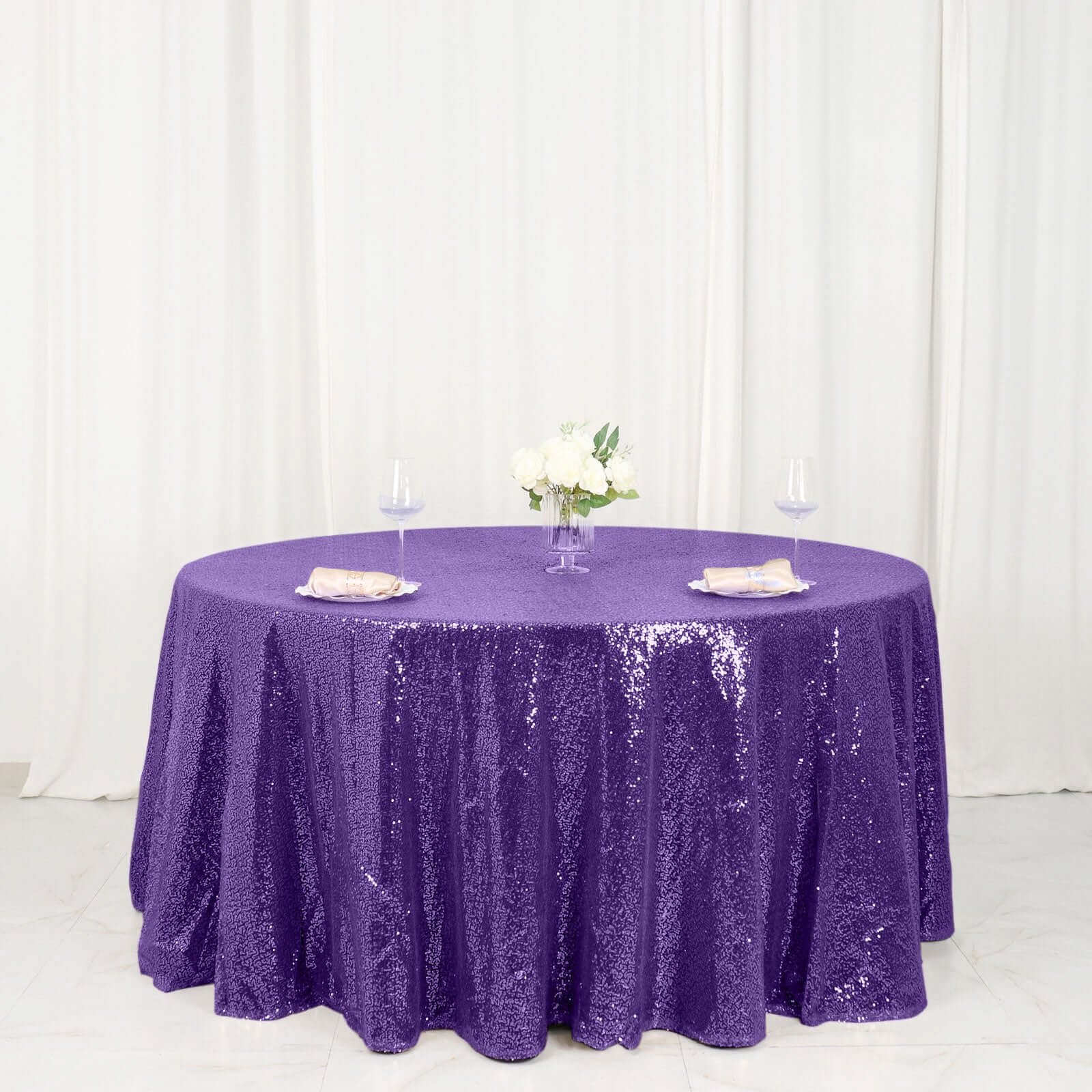 Sequin 120" Round Tablecloth Purple - Seamless Glittering Table Cover
