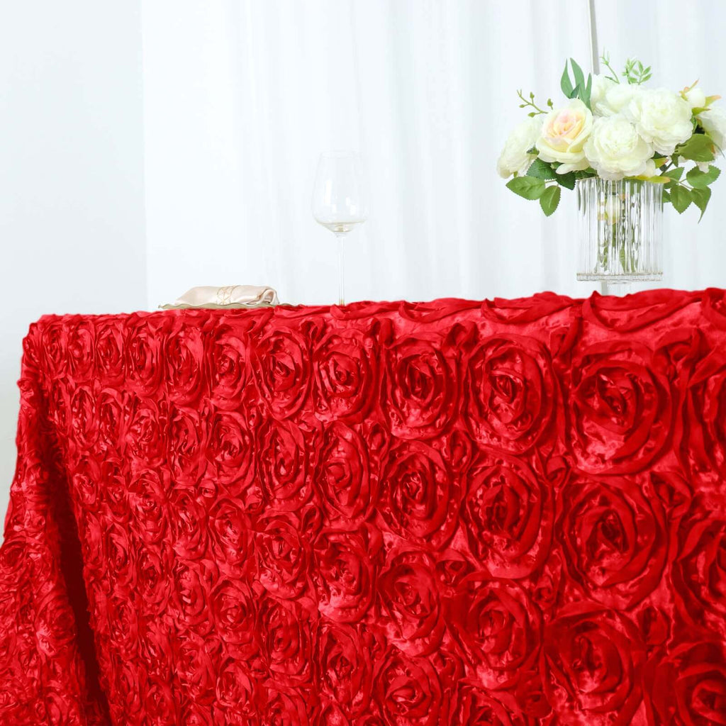 Satin 90"x156" Rectangle Tablecloth Red - Grandiose 3D Rosette Table Cover with Seamless Finish