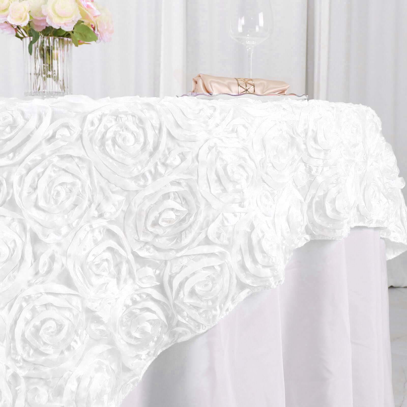Satin 72"x72" Table Overlay Square Tablecloth White - 3D Rosette Design for Stylish Occasions