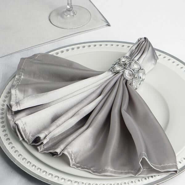 5 Pack Satin 20"x20" Napkins Silver - Luxurious Shine & Smooth Dinner Napkins