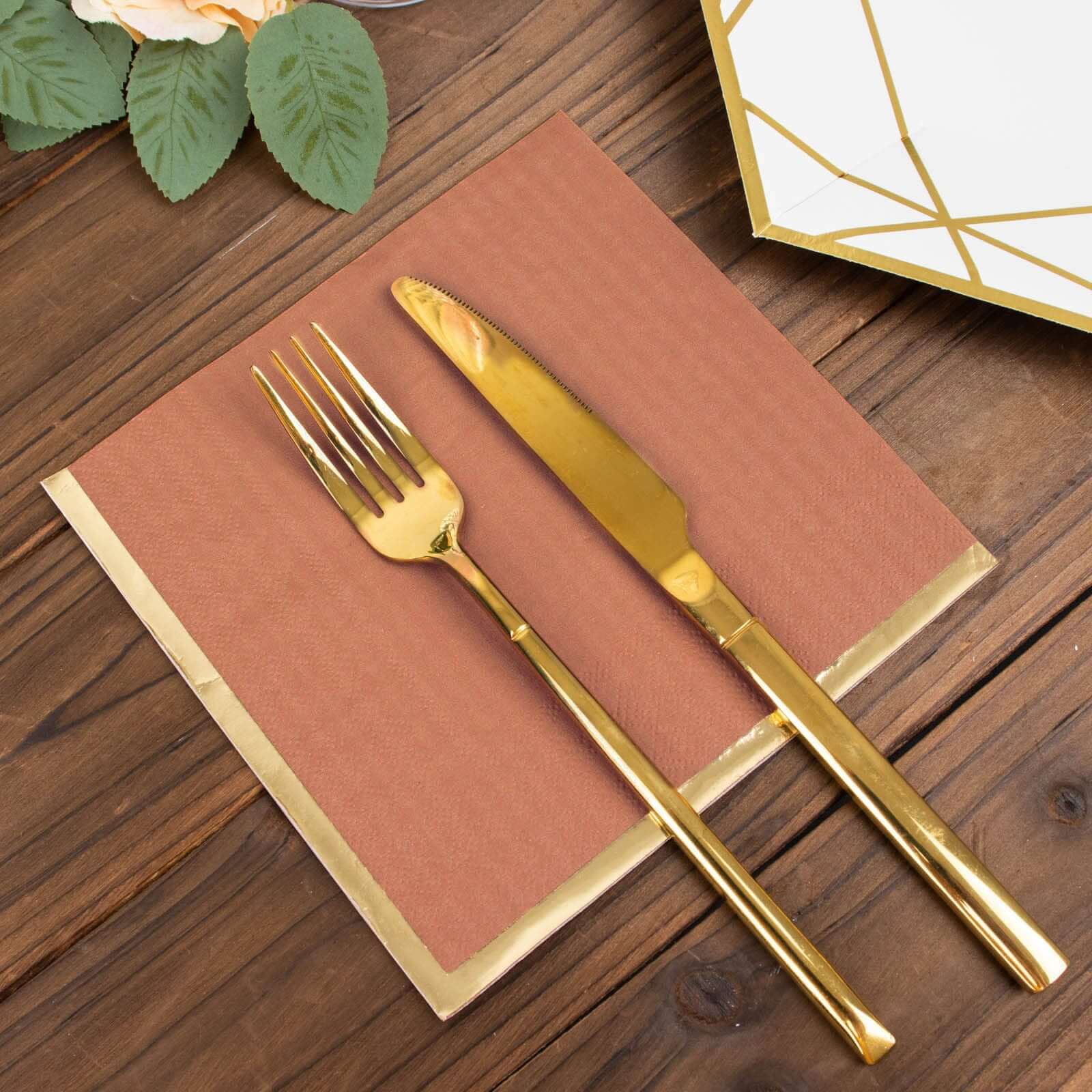 50-Pack Paper Beverage Napkins with Gold Foil Edge Terracotta (Rust) - Disposable 2 Ply Cocktail Napkins for Events 6.5"x6.5"