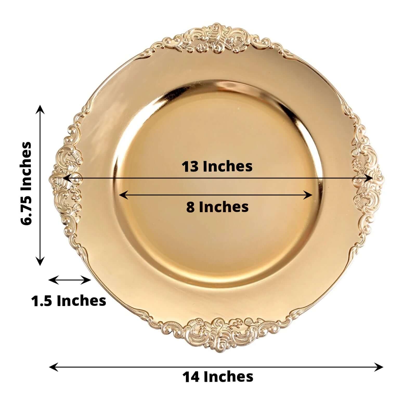 6-Pack Acrylic Round Charger Plates 13" in Gold with Embossed Baroque Rim, Antique Decorative Dinner Party Charger Tableware