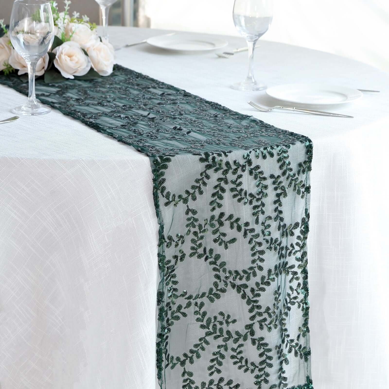 Mesh 12"x108" Table Runner Hunter Emerald Green - Leaf Vine Embroidery - Bell Racket Store
