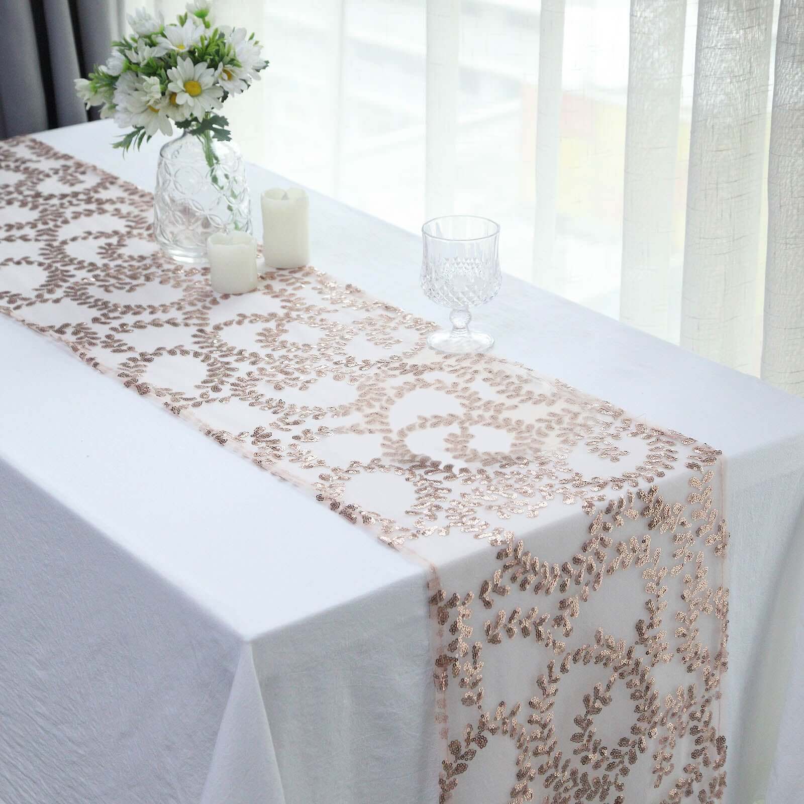 Mesh 12"x108" Table Runner Rose Gold - Leaf Vine Embroidery - Bell Racket Store