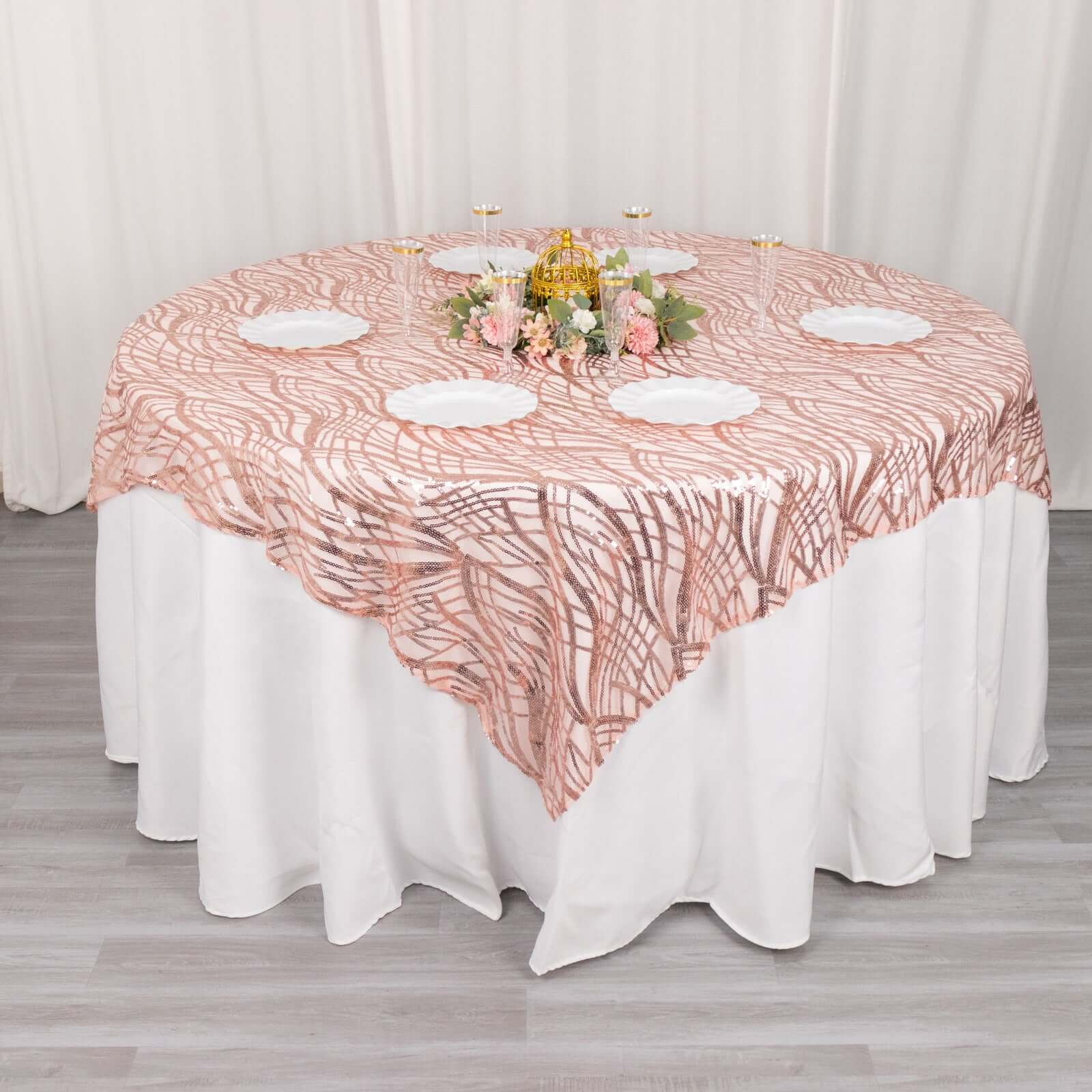 Mesh 72"x72" Table Overlay Square Tablecloth Blush - Wave Embroidered Sequins Table Topper - Bell Racket Store