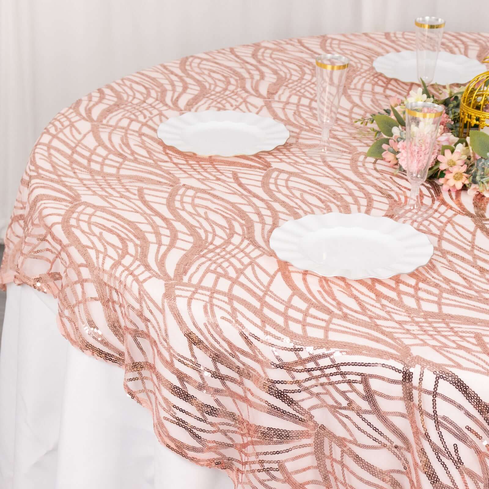 Mesh 72"x72" Table Overlay Square Tablecloth Blush - Wave Embroidered Sequins Table Topper - Bell Racket Store