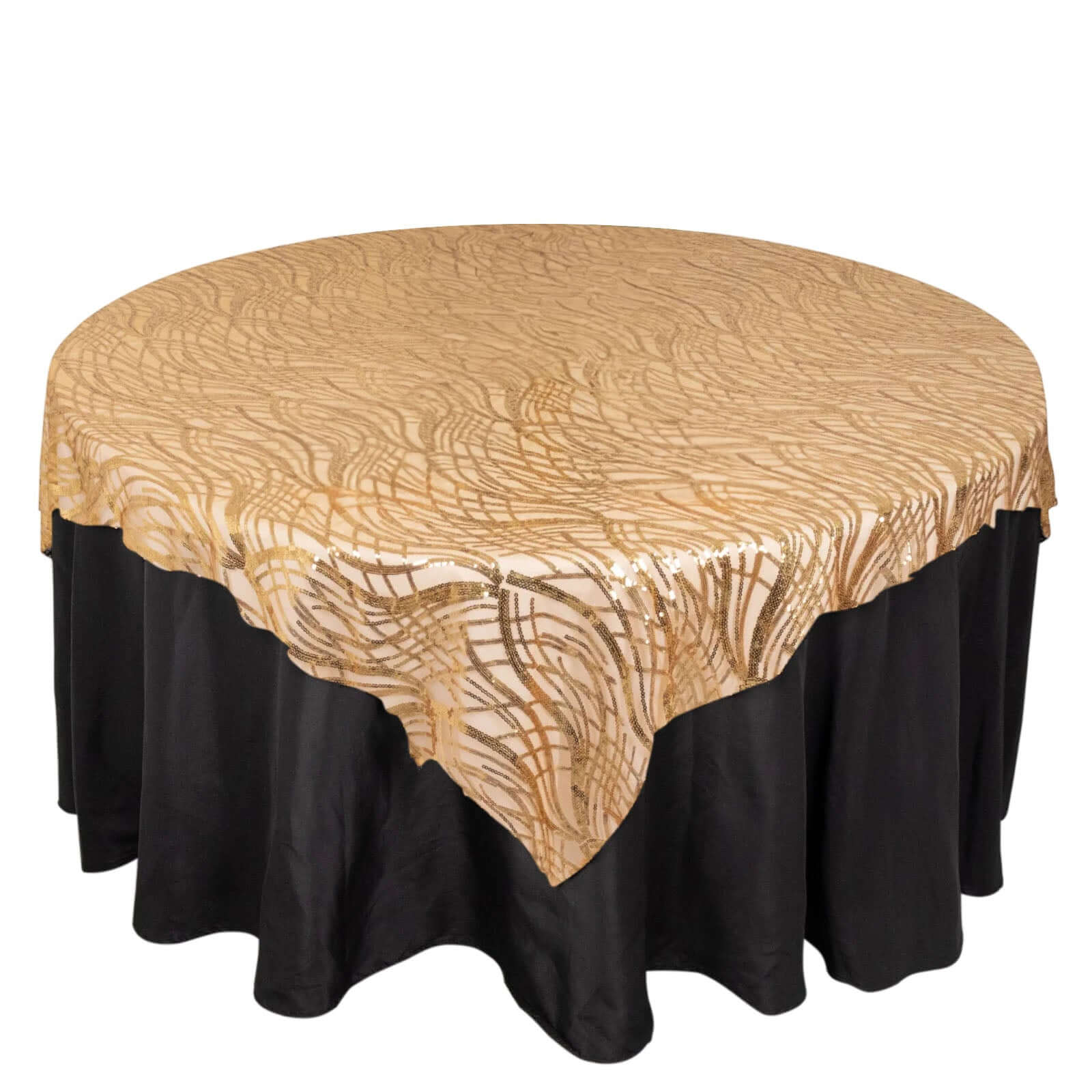 Mesh 72"x72" Table Overlay Square Tablecloth Gold Wave Design with Embroidered Sequins for Stylish Occasions - Bell Racket Store