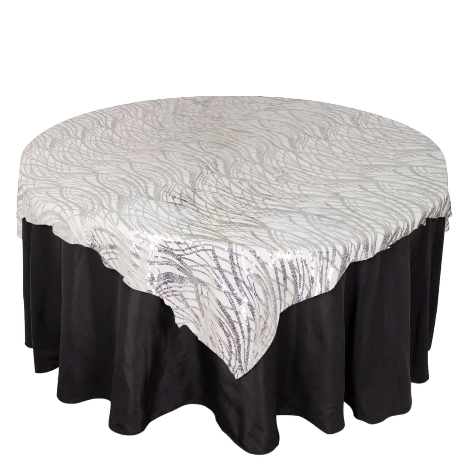 Mesh 72"x72" Table Overlay Square Tablecloth Silver - Wave Embroidered Sequins Table Topper - Bell Racket Store