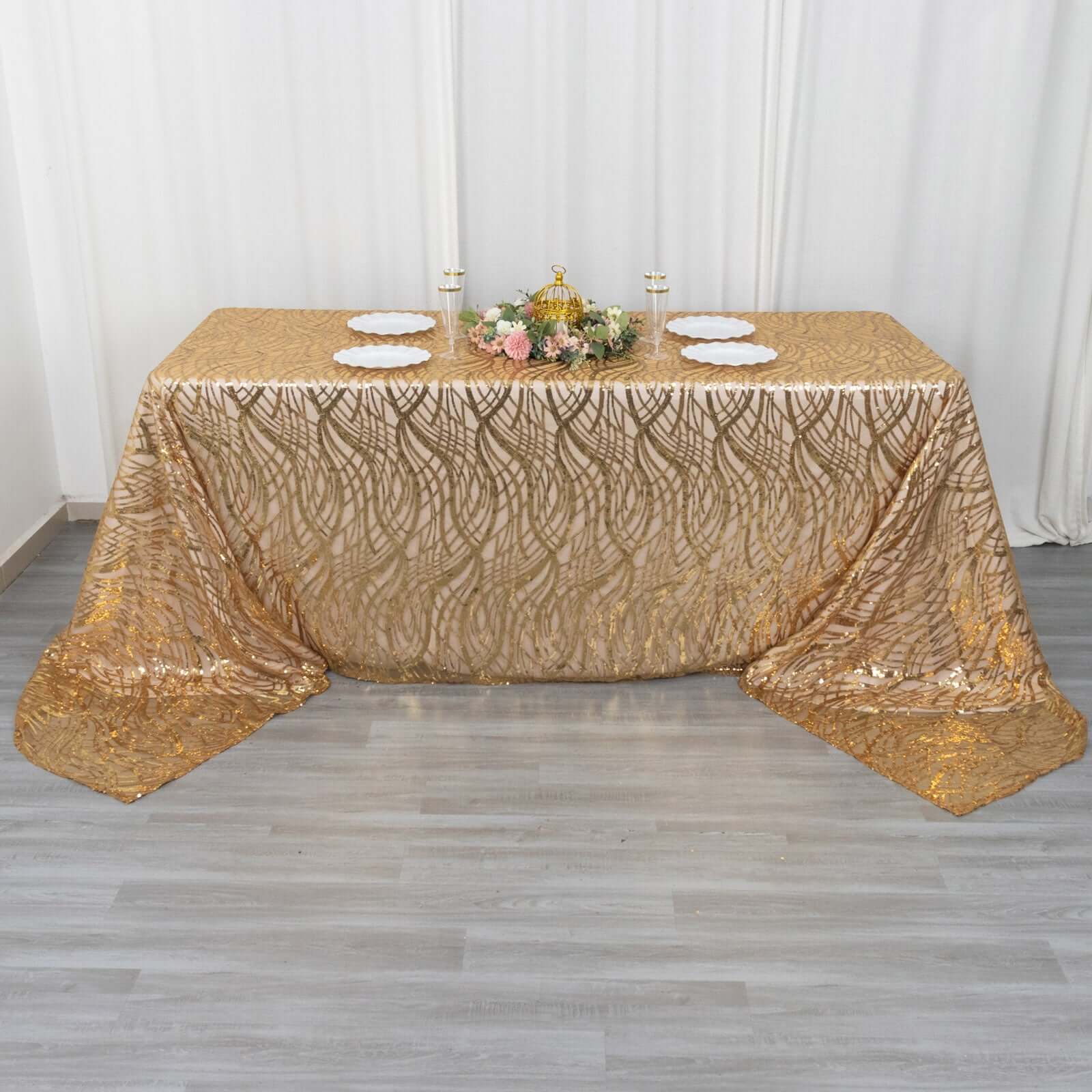 Mesh 90"x156" Rectangle Tablecloth Gold - Wave Sequin Embroidered Design for Refined Occasions - Bell Racket Store