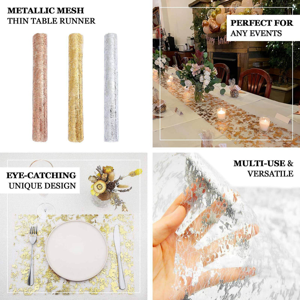 Mesh Polyester 108" Table Runner Roll Metallic Gold Distressed Foil Printing Design - Disposable Stylish Party Table Decor - Bell Racket Store