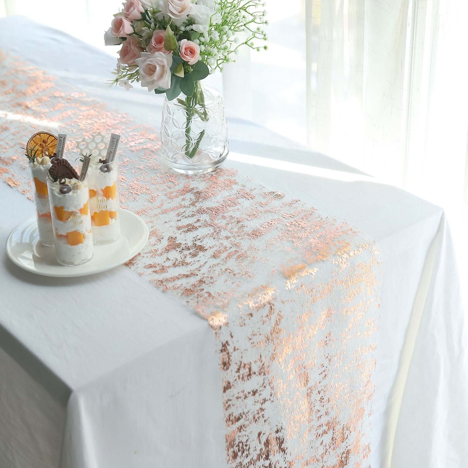 Mesh Polyester 108" Table Runner Roll Metallic Rose Gold - Distressed Foil Look Disposable Table Decor - Bell Racket Store