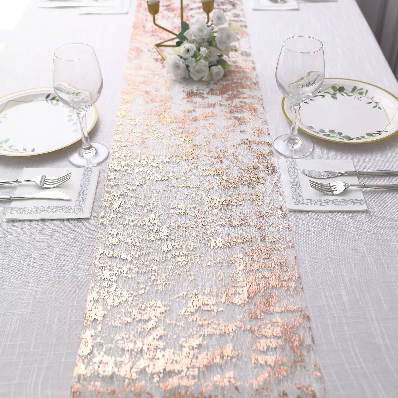 Mesh Polyester 108" Table Runner Roll Metallic Rose Gold - Distressed Foil Look Disposable Table Decor - Bell Racket Store