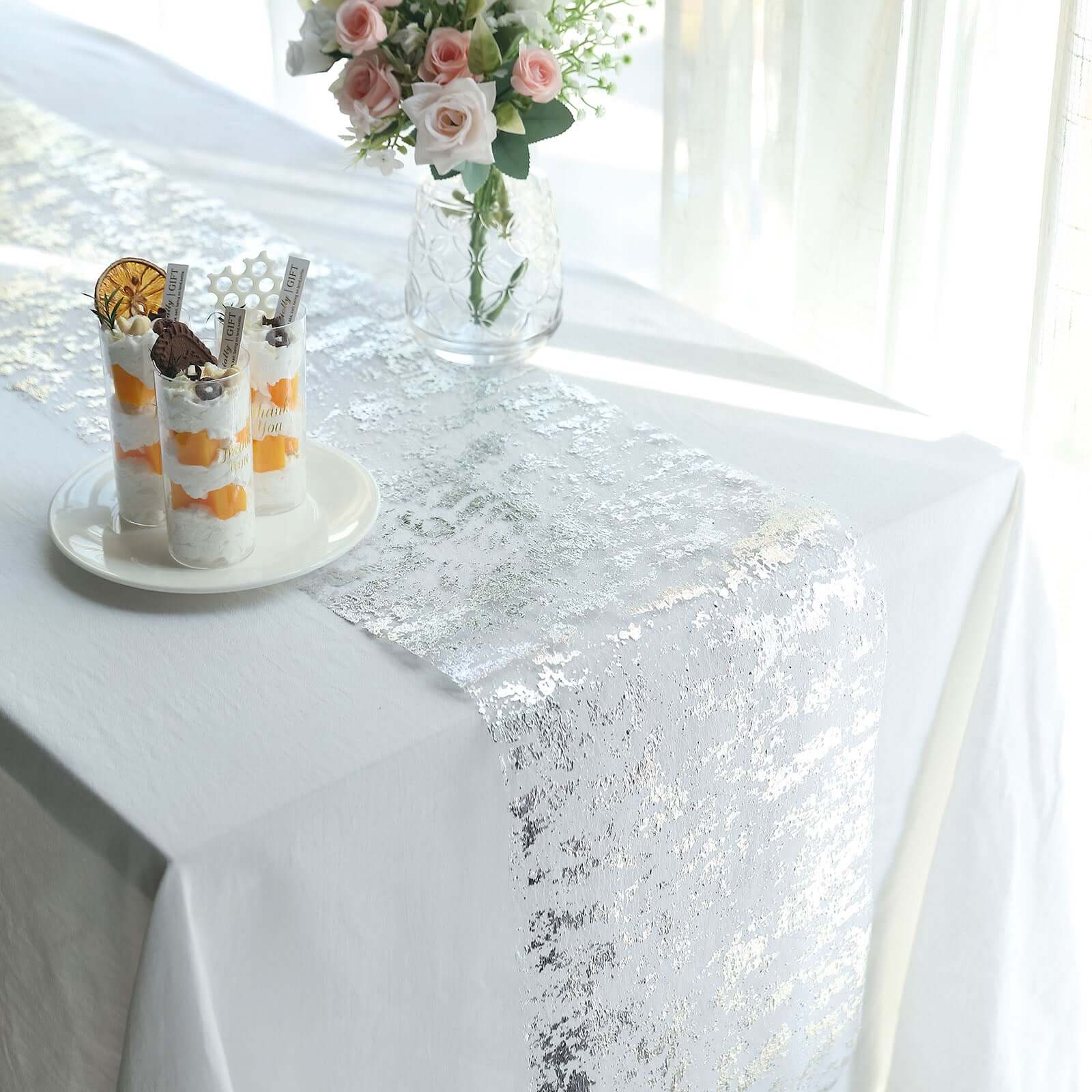 Mesh Polyester 108" Table Runner Roll Metallic Silver - Distressed Foil Look Disposable Table Decor - Bell Racket Store
