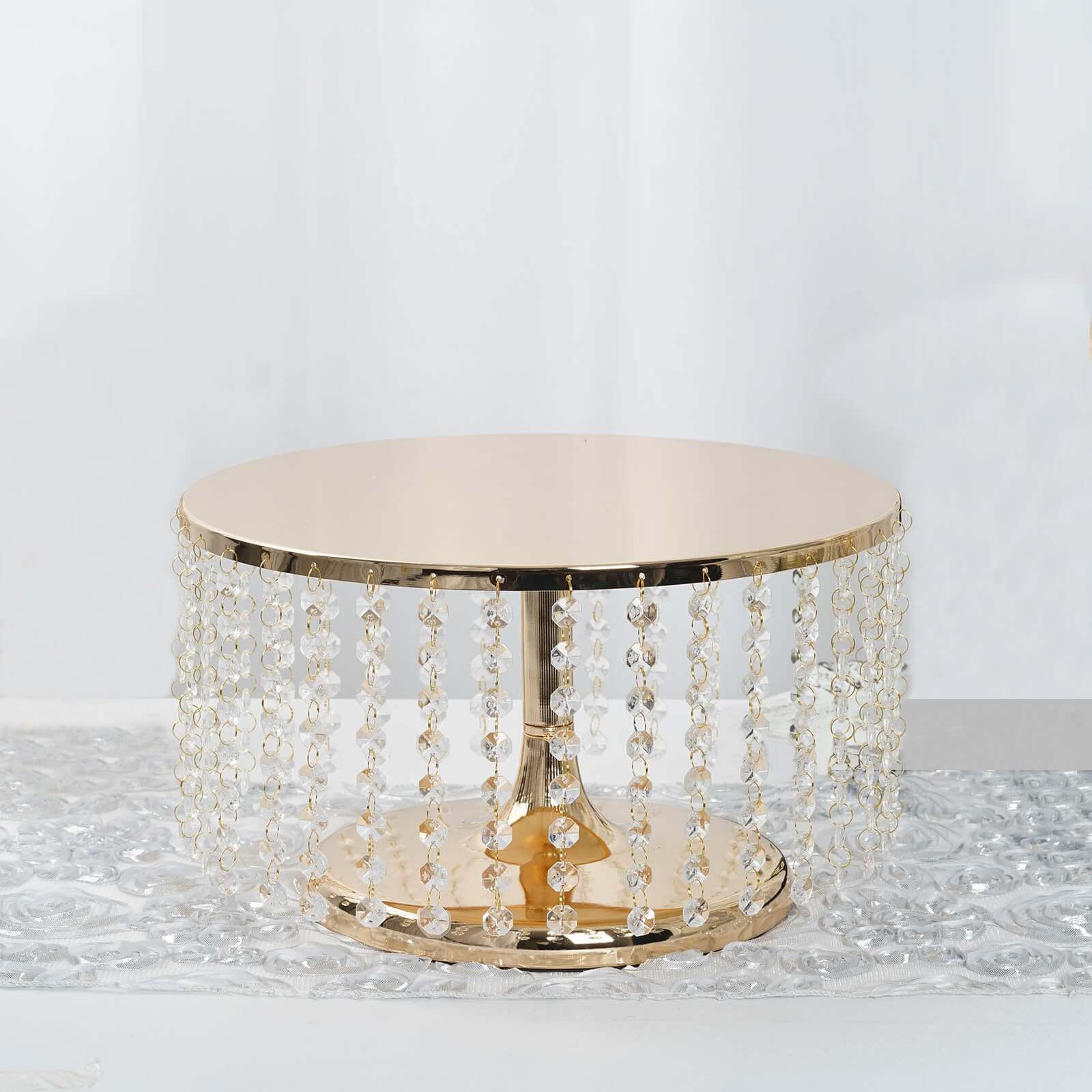Metal Cake Stand Round Design Metallic Gold with Crystal Chains 14" Dia - Cupcake Dessert Pedestal 8" Tall