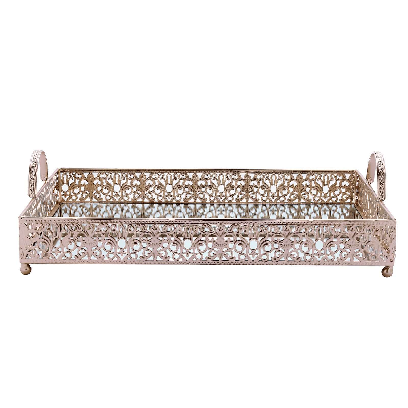 Metal Mirrored Rectangle Serving Tray 16"x12" in Rose Gold Fleur De Lis Design with Handles, French Inspired Decorative Vanity Tray Centerpiece - Bell Racket Store