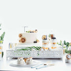 Metal Mirrored Rectangle Serving Tray 16"x12" in White Fleur De Lis Design with Handles, French Inspired Decorative Vanity Tray Centerpiece - Bell Racket Store