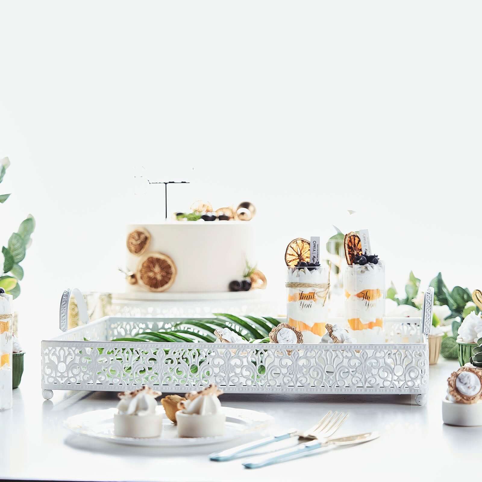 Metal Mirrored Rectangle Serving Tray 16"x12" in White Fleur De Lis Design with Handles, French Inspired Decorative Vanity Tray Centerpiece - Bell Racket Store