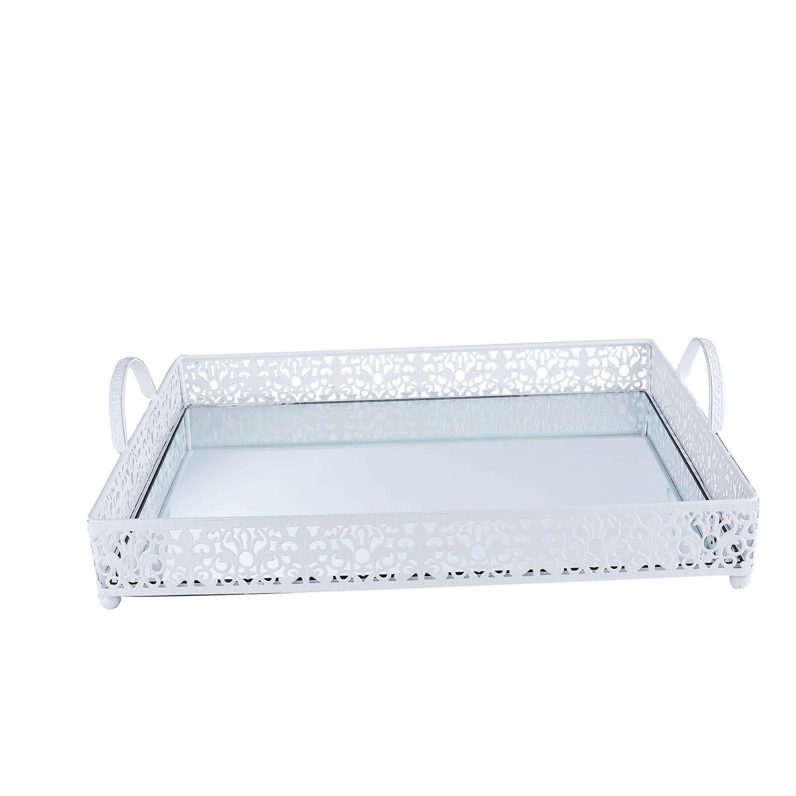 Metal Mirrored Rectangle Serving Tray 16"x12" in White Fleur De Lis Design with Handles, French Inspired Decorative Vanity Tray Centerpiece - Bell Racket Store