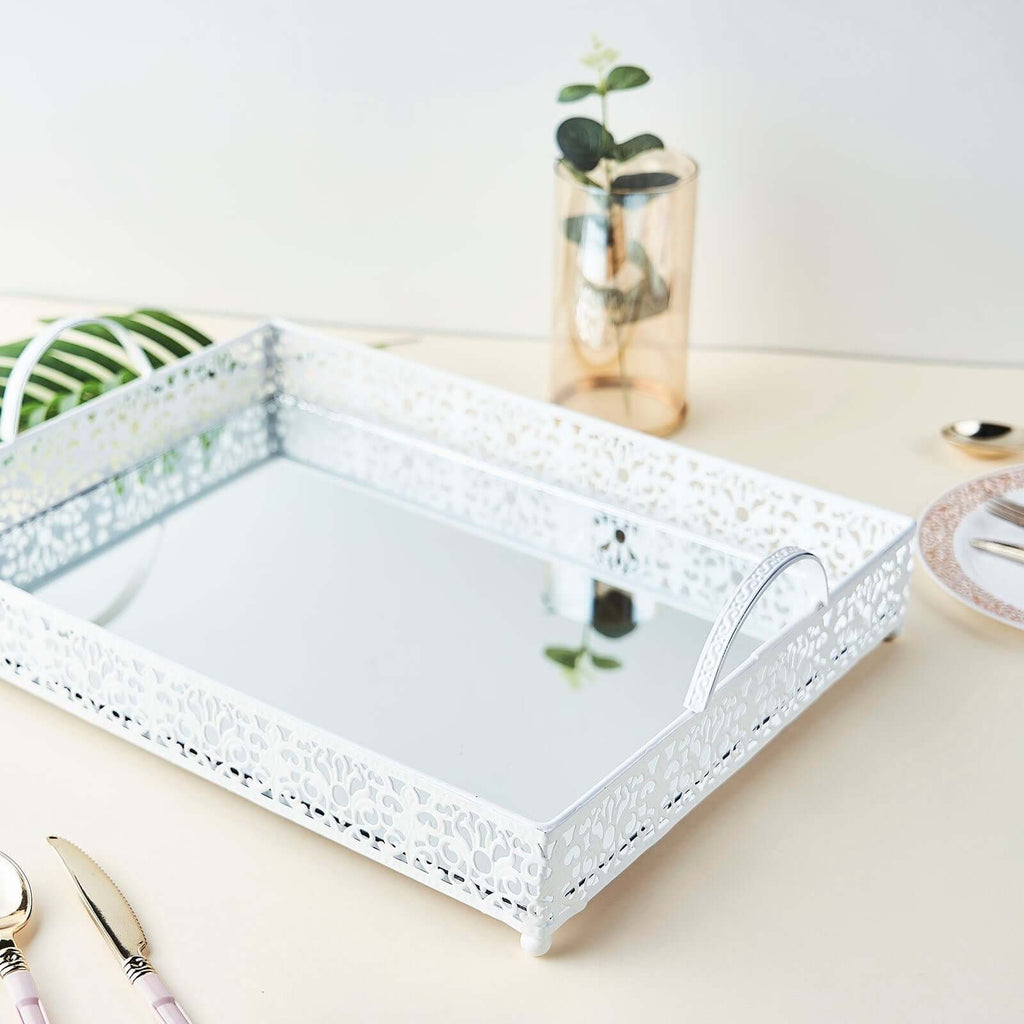 Metal Mirrored Rectangle Serving Tray 16"x12" in White Fleur De Lis Design with Handles, French Inspired Decorative Vanity Tray Centerpiece - Bell Racket Store