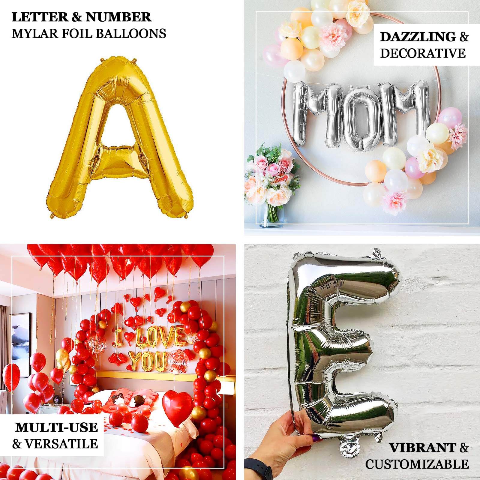 13" Gold Letter & Number Balloons, Shiny Metallic Mylar Foil Alphabet Balloons