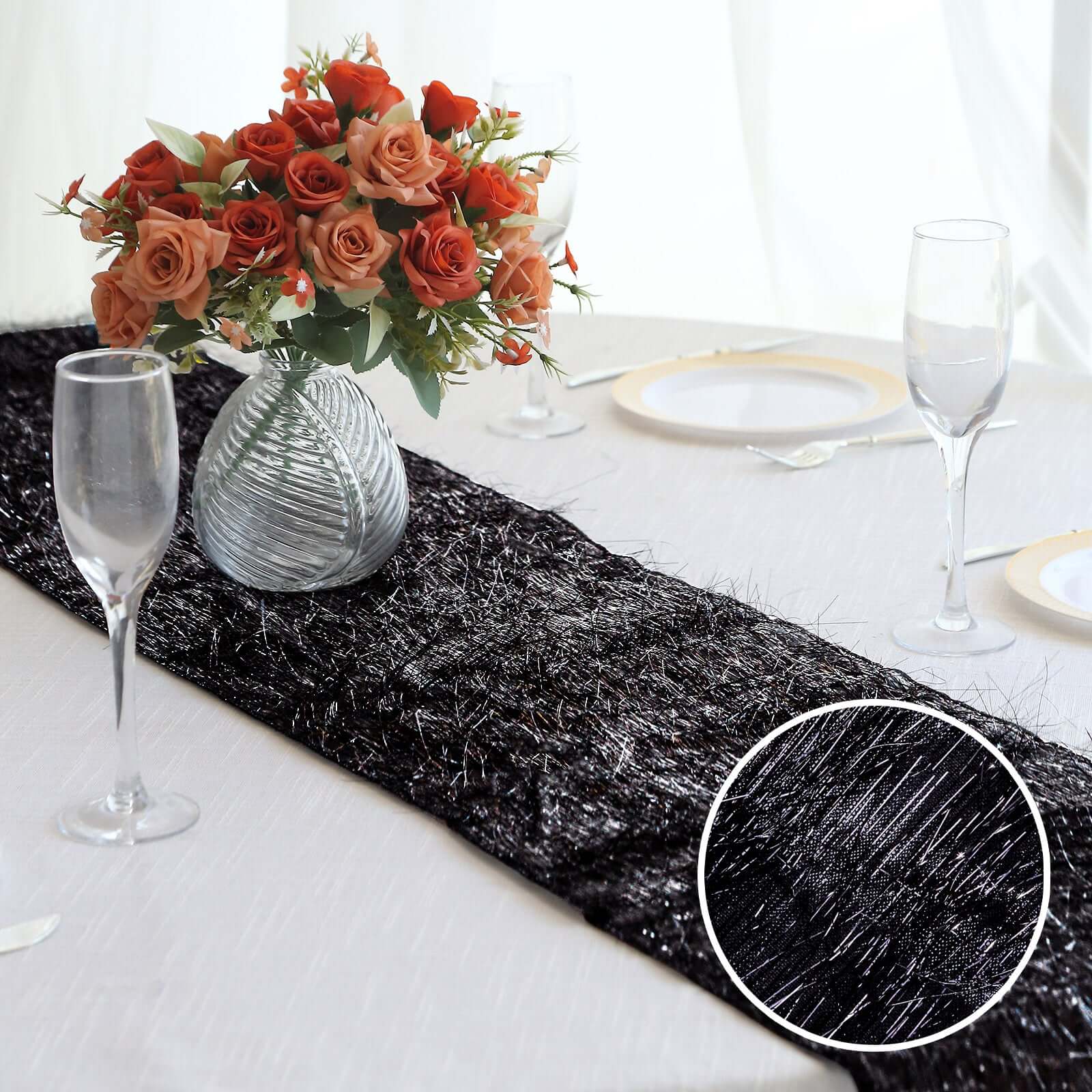 Metallic Tinsel Polyester 12"x108" Table Runner Black - Shimmery Fringe Shag Table Decor - Bell Racket Store