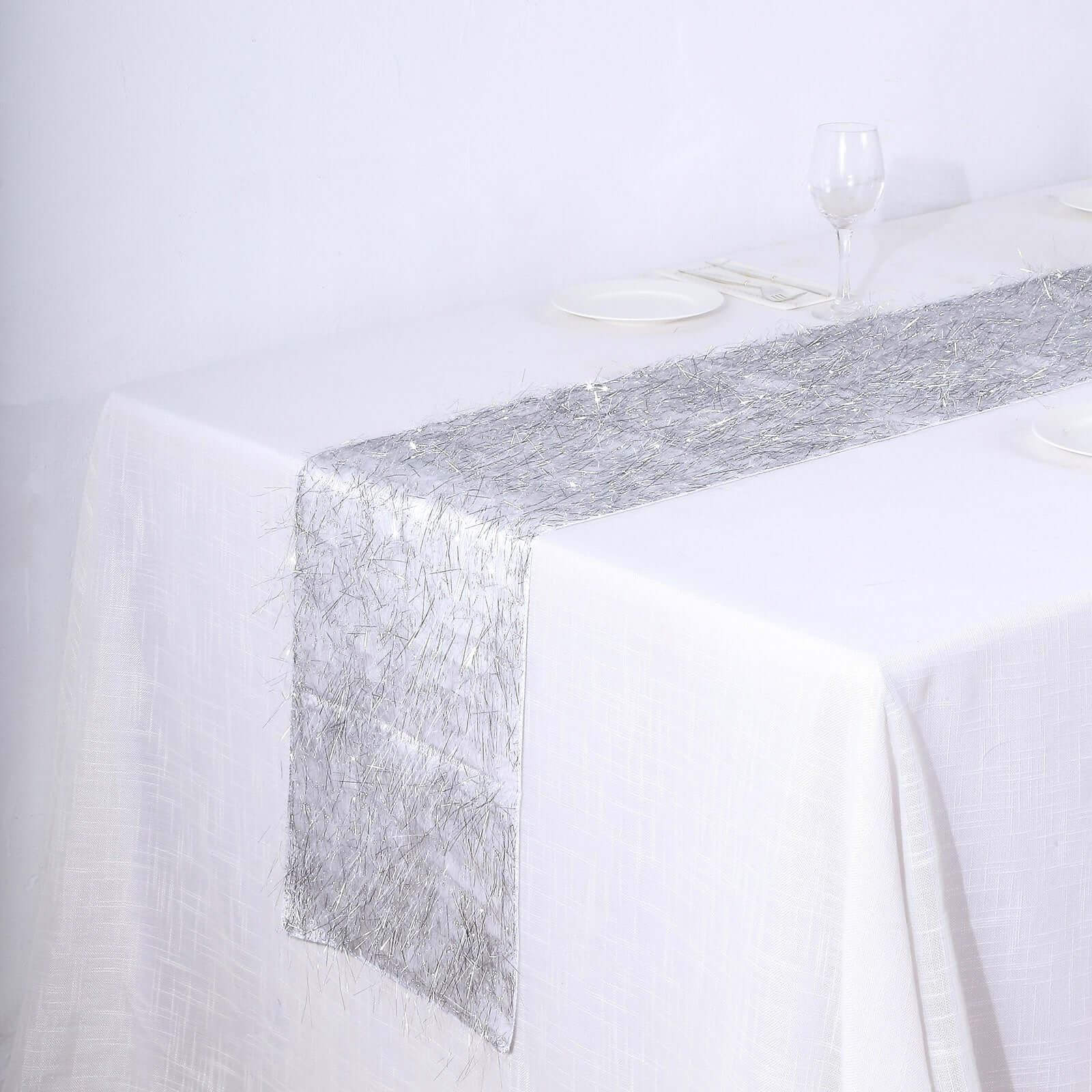Metallic Tinsel Polyester 12"x108" Table Runner Silver - Shimmery Fringe Shag Table Decor - Bell Racket Store