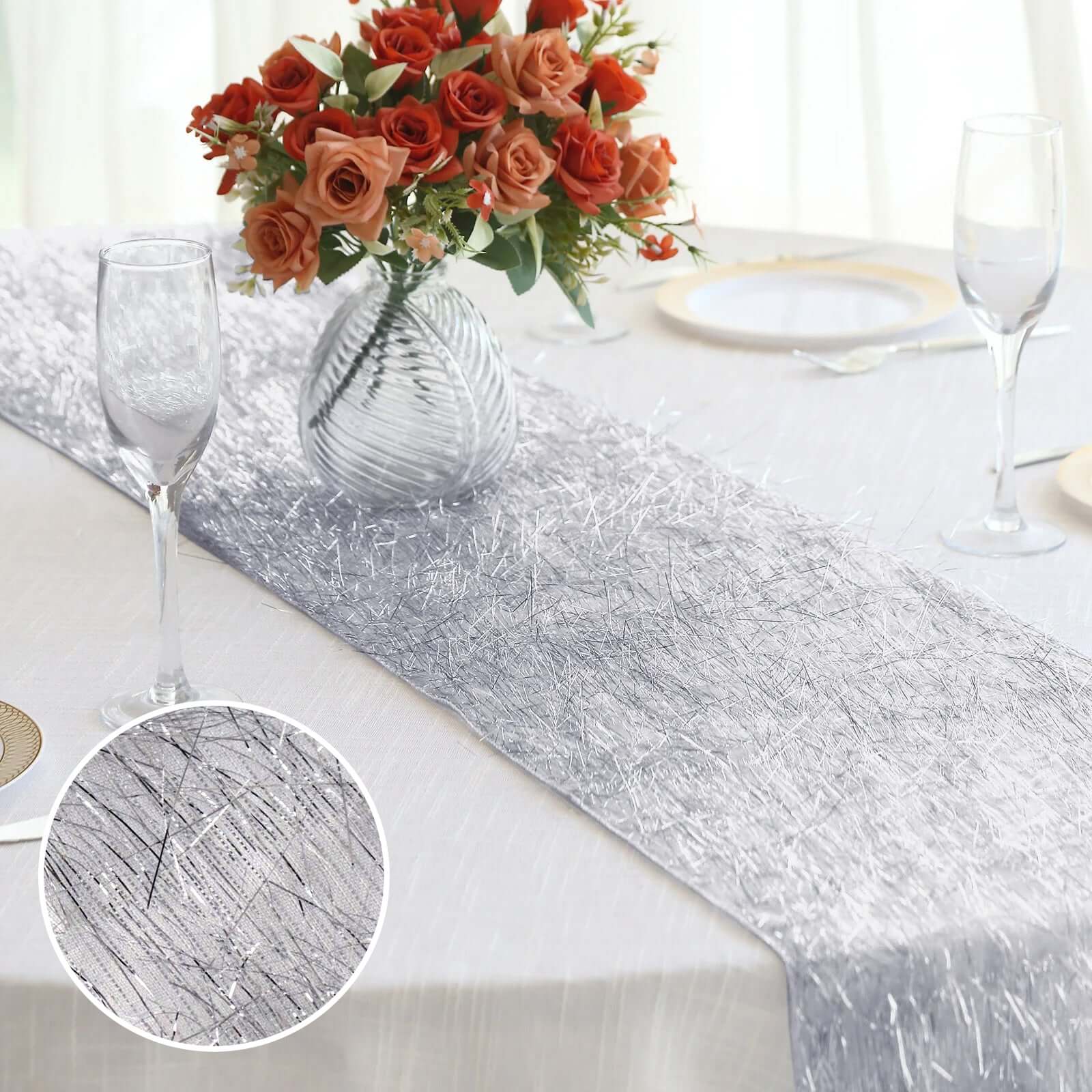 Metallic Tinsel Polyester 12"x108" Table Runner Silver - Shimmery Fringe Shag Table Decor - Bell Racket Store