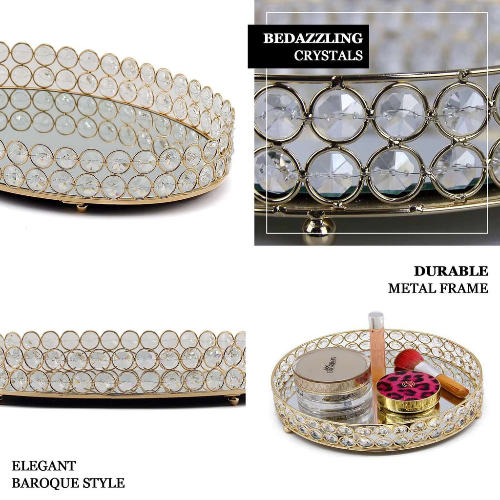 Set of 2 Metal Serving Trays 13", 9" Round Gold with Mirrored Top, Classy Decorative Vanity Tray Centerpiece