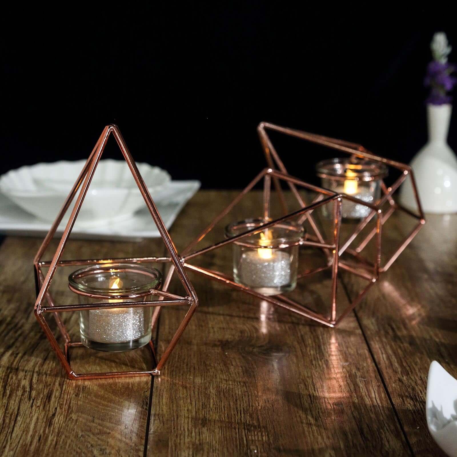 Set of Metal Candle Holders Linked Geometric Design Rose Gold - Modern Votive Glass Decor for Tables & Gatherings 16"
