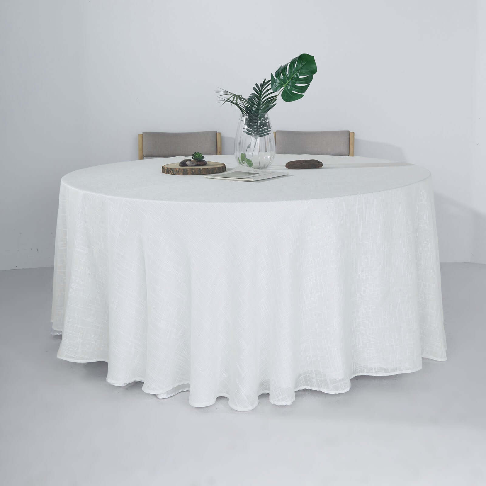 Faux Linen 120" Round Tablecloth White - Modern Slubby Texture with Wrinkle-Resistant Appeal Seamless Table Cover